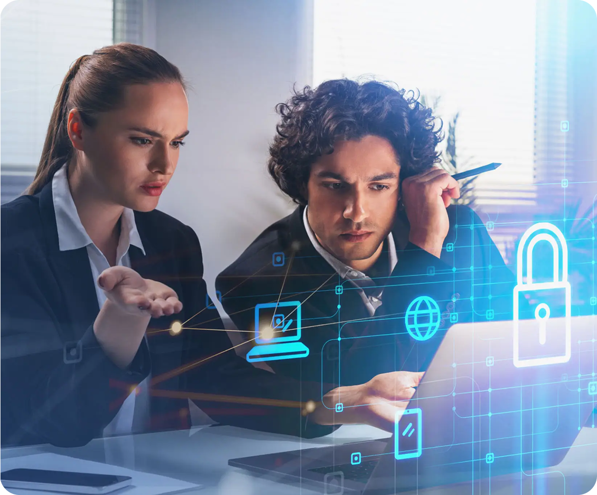 Two business professionals look at a laptop with concern, surrounded by digital security icons such as a padlock and network symbols.